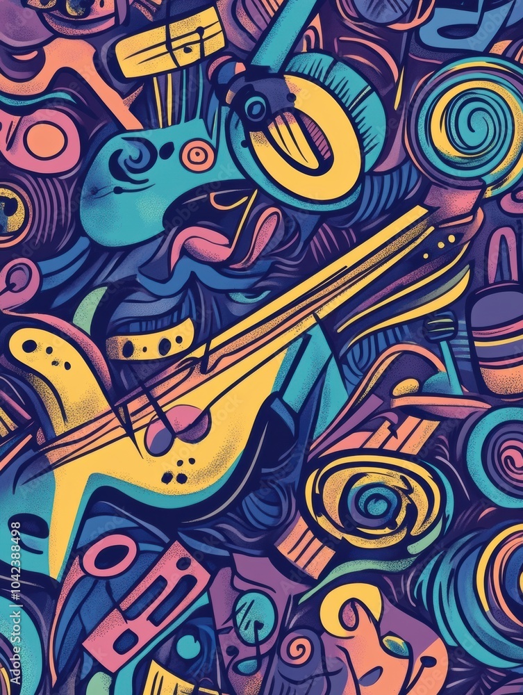 Poster a vibrant collection of music-themed doodles showcases various instruments, notes, and sound waves, 