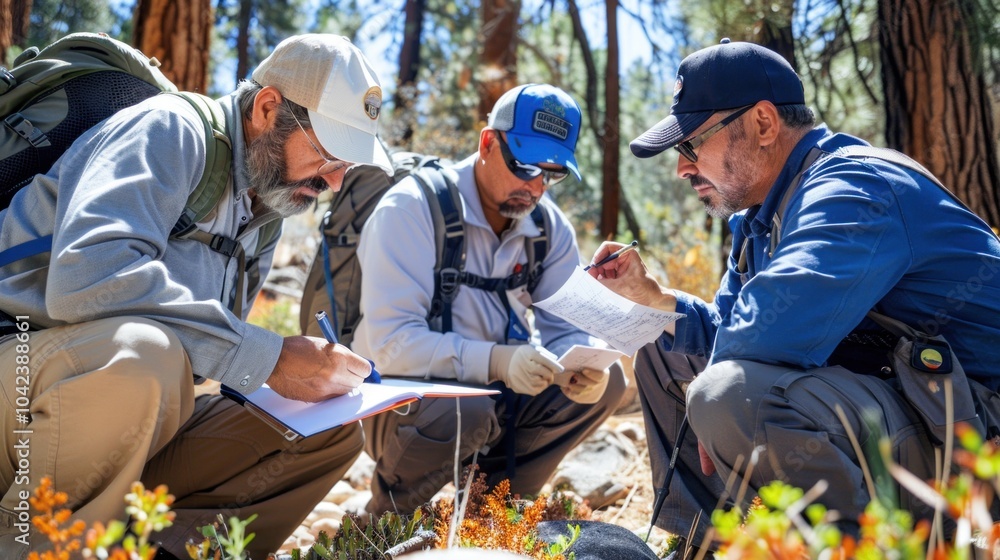 Wall mural three male forestry scientists, one caucasian and two hispanic, in casual work attire, examining sam