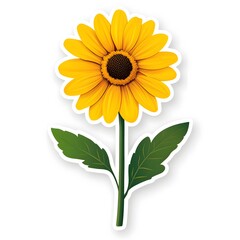 Fototapeta premium A vibrant yellow sunflower stands tall with lush green leaves, exuding a cheerful summer vibe.