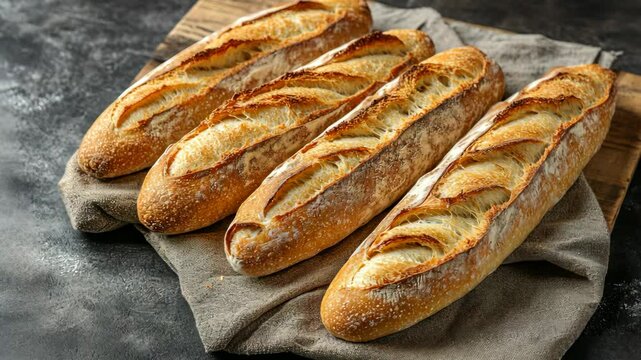 Four fresh baguettes rest on a wooden board and a linen cloth, ready to be enjoyed