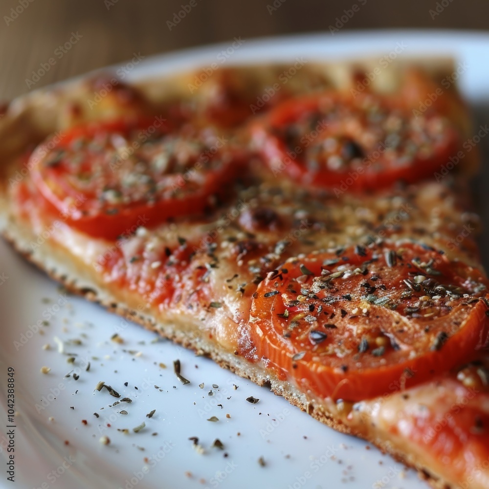 Poster a closeup of a slice of buckwheat pizza showing the distinct speckles of the buckwheat flour in the 