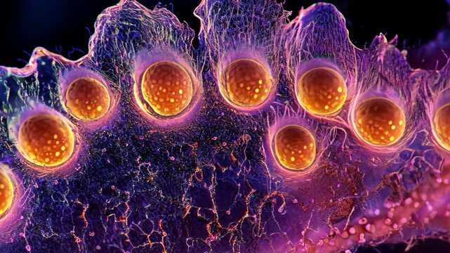 A close-up image of a cell cluster under a microscope shows the complex, intricate network of cells and their internal structures