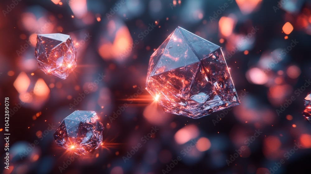 Poster Floating crystals illuminated in vibrant colors reflect light in a dark environment, showcasing intricate facets and textures, creating a captivating visual effect.