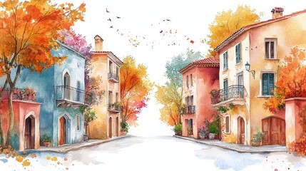 Warm Autumn Street with Colorful Buildings and Trees