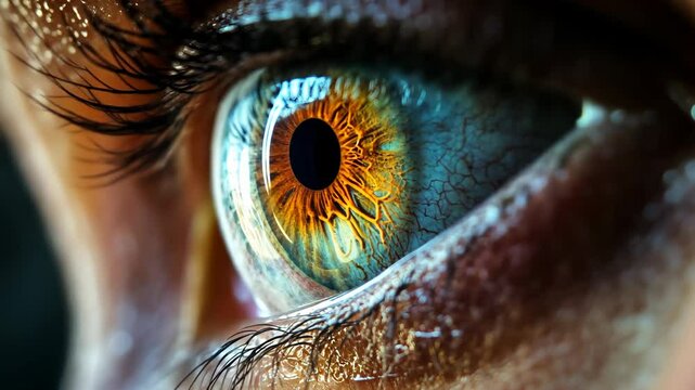 A close-up of a human eye, showing intricate details of the iris and eyelashes