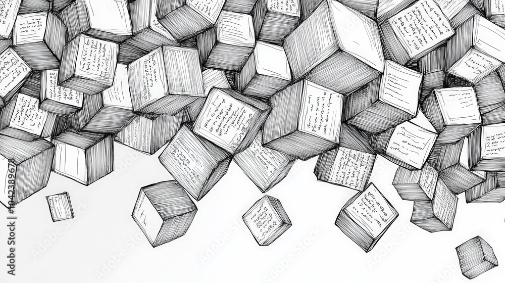 Poster abstract composition of floating cubes with text
