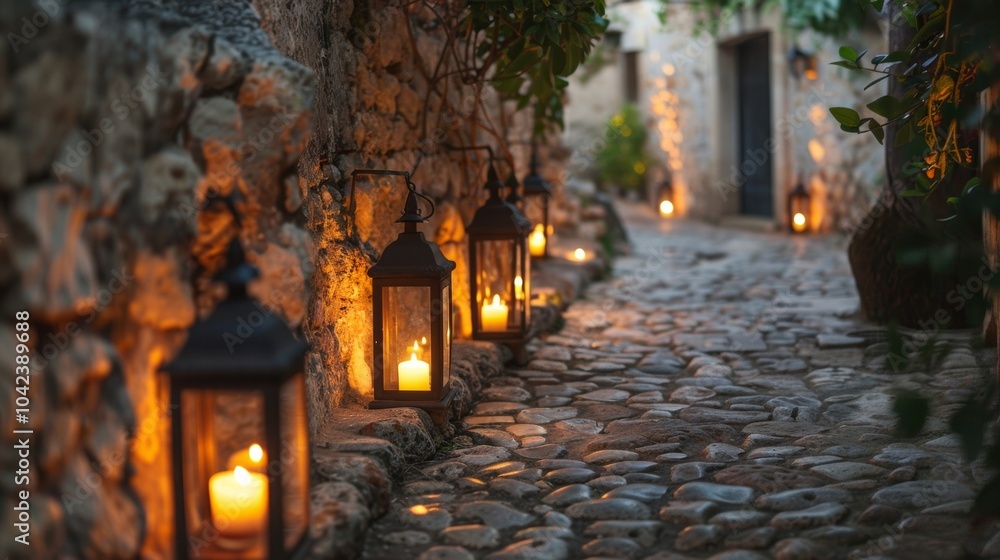 Poster a courtyard filled with ethereal lanterns casting a soft and warm light onto the old stone walls and