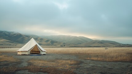 A solitary tent set against a backdrop of rolling hills and a subdued sky, offering a sense of isolation and peace in a remote area.