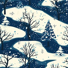 Fototapeta premium A peaceful winter landscape featuring snowy trees and a winding path under a serene blue sky during a quiet evening