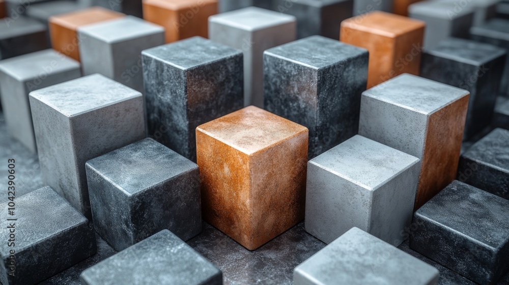 Poster Various geometric blocks in shades of gray and bronze are arranged on a textured surface, creating an intriguing visual contrast that emphasizes modern design elements.