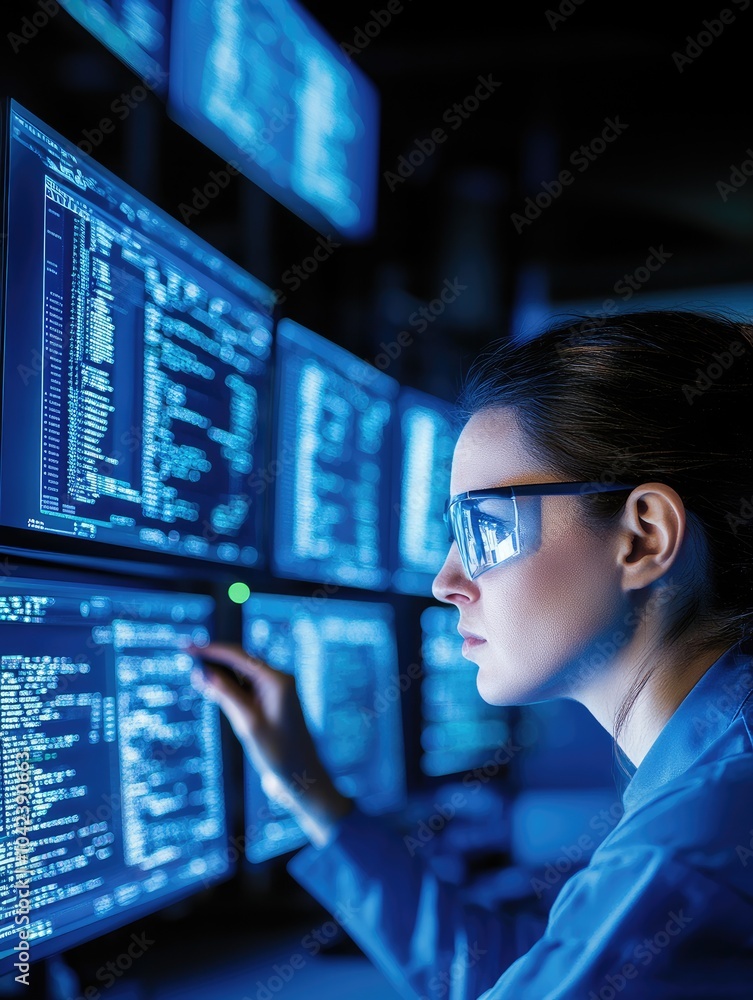 Poster a focused individual analyzes data on multiple screens, surrounded by vibrant blue light, demonstrat