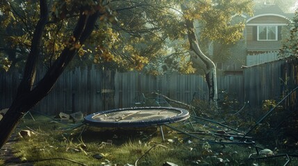 Morning light filters through a tree onto a backyard scene of a damaged trampoline amid scattered debris, reflecting the aftermath of a storm.