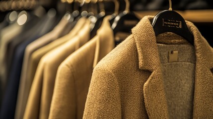 Row of beige jackets hanging on hangers in a clothing store.