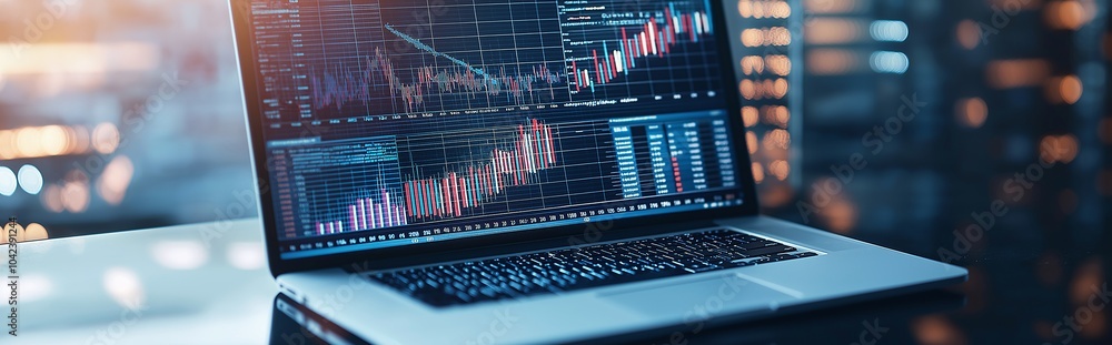 Poster a laptop displaying financial graphs and data analysis in a modern office setting, illustrating stoc