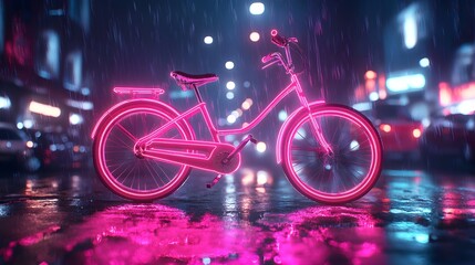 Neon-lit custom cruiser bike in a surreal urban nightscape, pink volumetric lights and purple streams dance on wet pavement, dramatic reflections