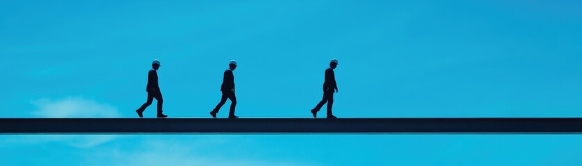 Silhouettes of three figures walking on a beam against a blue sky, symbolizing progress and journey.