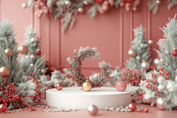 A white pedestal with a wreath and a gold ball on top of it