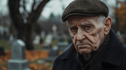 Overhead close-up of an elderly man deep in thought, cemetery softly blurred behind him, conveying the weight of life's end, Realism, Cool Tones, Emotional Focus, High Detail