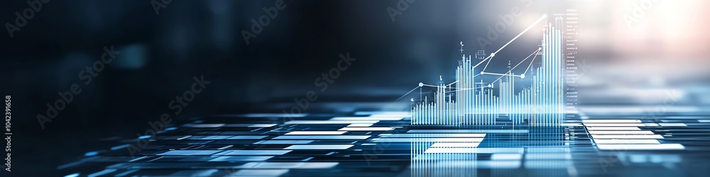 Poster abstract digital cityscape with futuristic technology elements. graphs and glowing lines depict grow