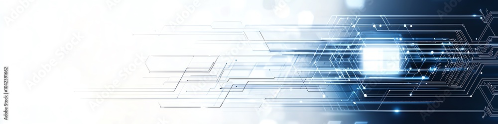 Poster abstract digital technology background with blue and white circuit patterns converging towards a cen