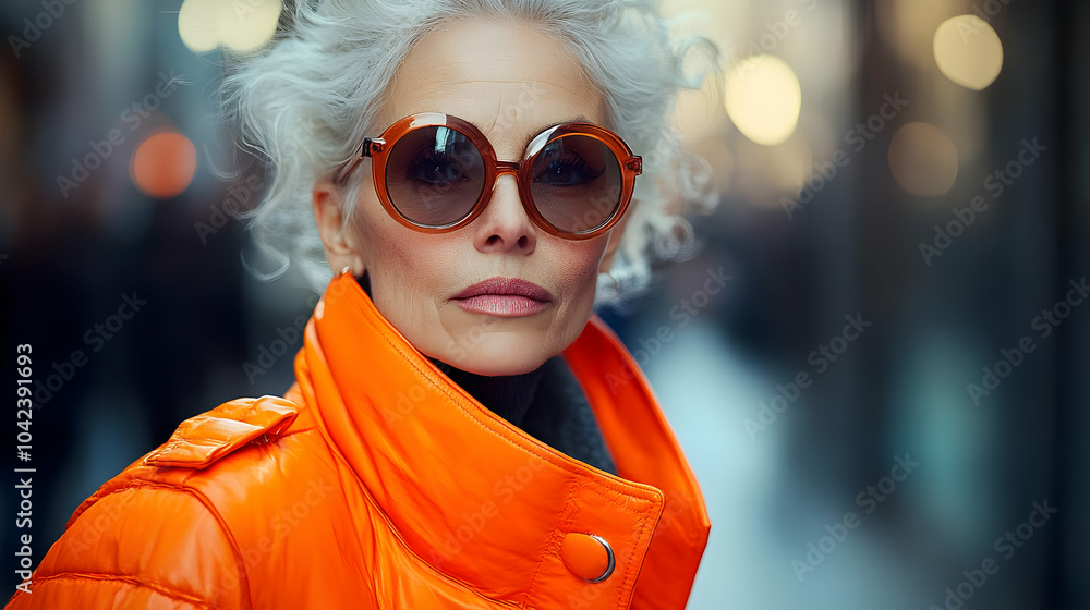 Wall mural A stylish older woman in an orange coat and sunglasses on the street.