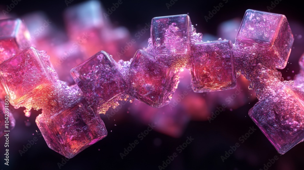 Leinwandbilder Translucent ice cubes float in a dark environment, surrounded by shimmering bubbles. The vibrant pink hues add a dynamic touch, creating a mesmerizing visual experience.
