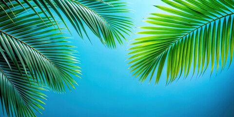 Naklejka premium Refreshing blue background with detailed macro shot of palm tree leaves