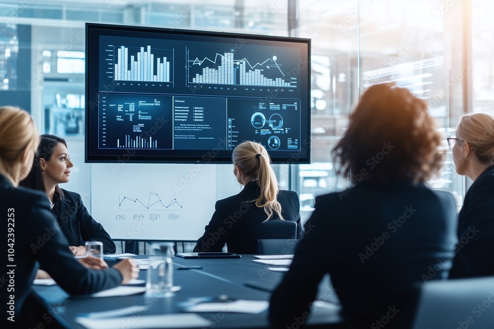 Poster business team analyzing data on a screen in a modern office, discussing trends and strategies during