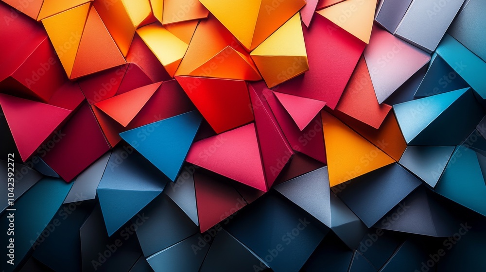 Aufkleber This artwork features an array of colorful geometric shapes interlocking in a striking abstract formation, showcasing vibrant tones of red, orange, blue, and gray.