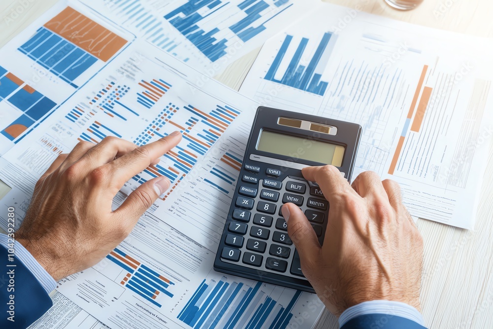 Poster businessman analyzing financial data with calculator on paper. he is reviewing charts and graphs for