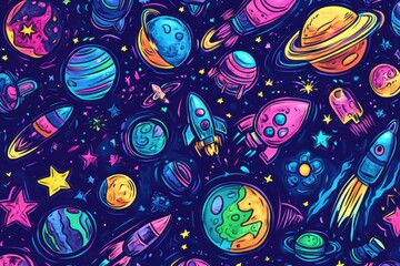 A colorful collection of cosmic doodles showcases various planets, rockets, stars, and asteroids in a whimsical outer space theme. Generative AI