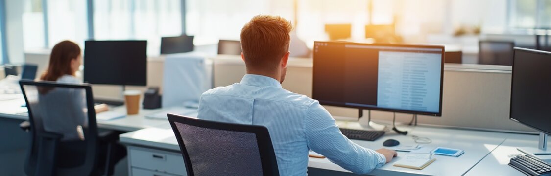 Business professionals working at computer desks in a modern open-plan office space with bright natural lighting from large windows. - Powered by Adobe