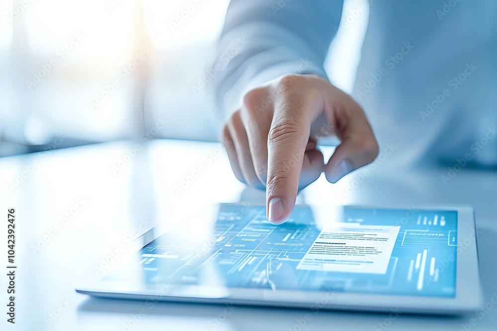 Poster close-up of a hand interacting with a digital tablet screen, displaying a futuristic interface and t