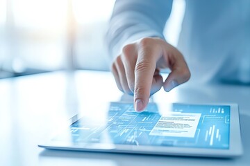 Close-up of a hand interacting with a digital tablet screen, displaying a futuristic interface and technology concept.