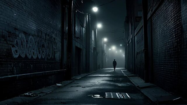 Walking alone at night in a foggy city alley, a man creates a suspenseful urban scene with eerie street lights and shadows