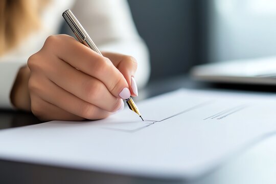 Close-up of a hand signing a document with a pen, capturing focus and intention in professional business settings.