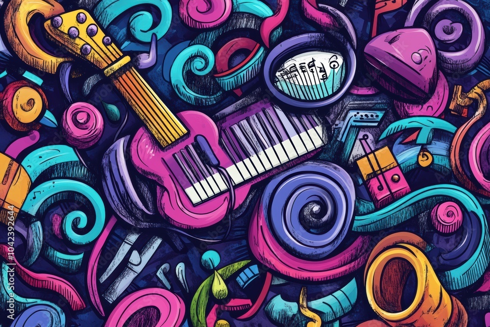 Poster vibrant doodles bring to life a world of musical instruments, notes, and sound waves, creating a pla
