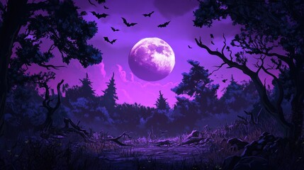 Spooky Night with Full Moon, Bats, and Dark Trees Set Against a Purple Horizon