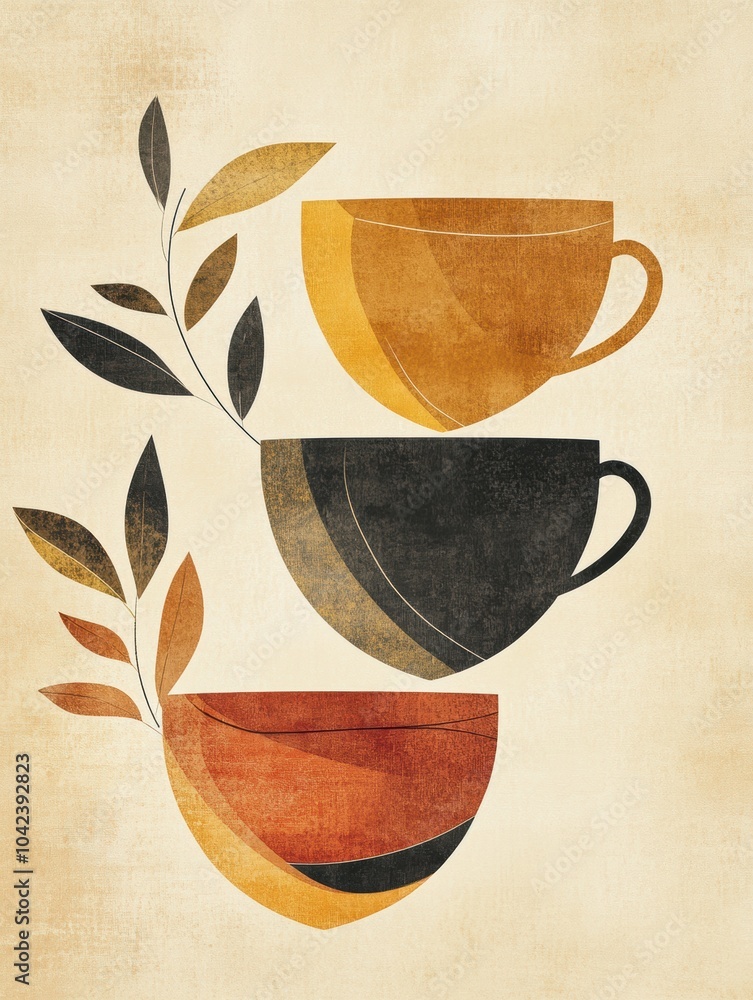 Poster Three intricately designed tea cups with intersecting leaves beautifully convey the serenity associated with tea enjoyment. Generative AI