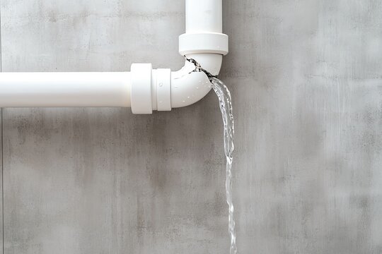 Close-up of water leaking from a broken pipe against a concrete wall, indicating plumbing issues or maintenance needs.