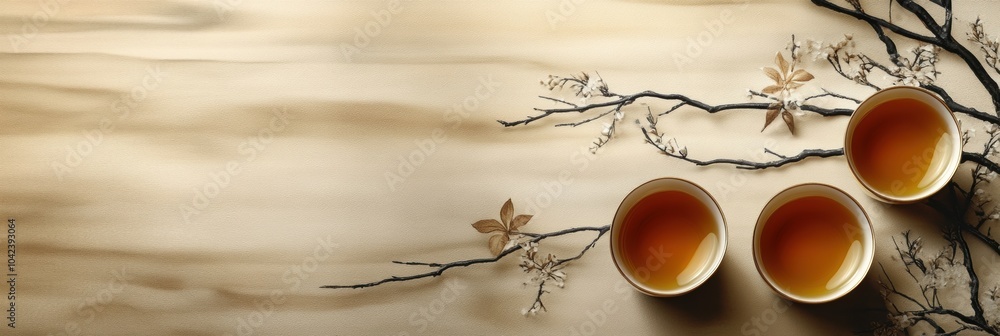 Poster three cups of tea are arranged alongside delicate branches, evoking a sense of calm and connection t