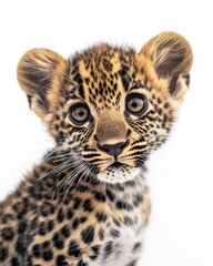 Fototapeta premium Mystic portrait of baby African Leopard, copy space on right side, Headshot, Close-up View, isolated on white background