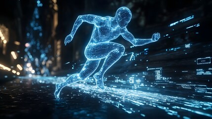 Blue wireframe hologram runner mid-stride, surrounded by floating digital interfaces, futuristic lighting, high contrast, 3D illustration