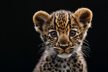 Fototapeta premium Mystic portrait of baby African Leopard in studio, copy space on right side, Headshot, Close-up View, isolated on black background