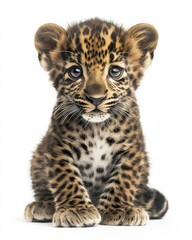 Obraz premium Mystic portrait of baby African Leopard, copy space on right side, Headshot, Close-up View, isolated on white background