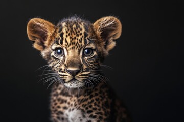 Obraz premium Mystic portrait of baby African Leopard in studio, copy space on right side, Headshot, Close-up View, isolated on black background