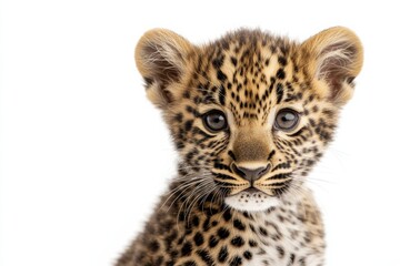 Naklejka premium Mystic portrait of baby African Leopard in studio, copy space on right side, Headshot, Close-up View, isolated on white background