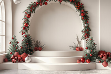 A white room with a red archway and a white staircase