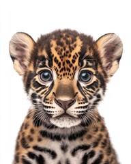 Obraz premium Mystic portrait of baby Amazon Jaguar, copy space on right side, Headshot, Close-up View, isolated on white background