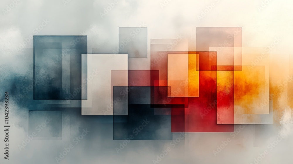 Poster colorful geometric shapes overlap in an artistic arrangement, blending shades of gray, red, and oran